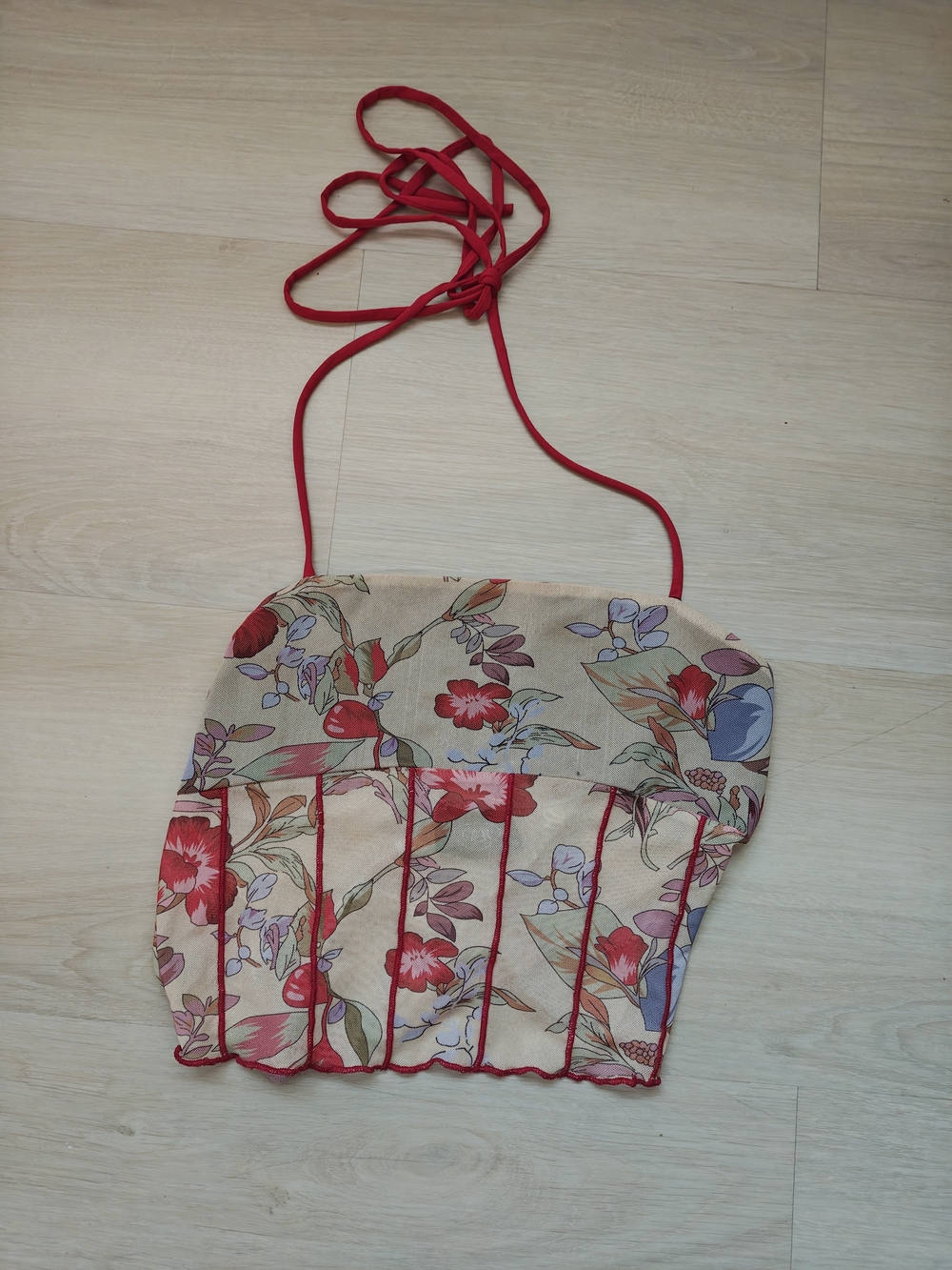 Cider Cream Floral Halter Crop Top with Red Trim